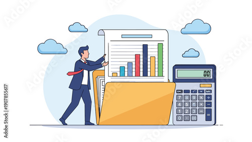 Accountant organizes a financial report with a growth chart into a yellow folder next to a calculator for business auditing.