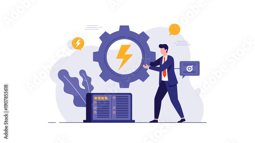 Businessman pushing a giant purple gear with a lightning bolt symbol next to a computer server representing power and efficiency.