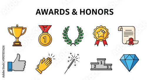 Collection of ten colored icons for awards and honors arranged in two rows
