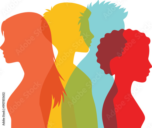 Colorful diverse people profile silhouettes, multicultural faces concept, inclusive society equality, human diversity unity, abstract layered design, flat vector illustration