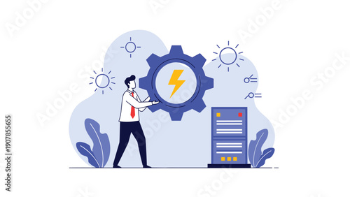 Corporate man holding a large gear with a lightning bolt symbol next to a computer server for energy and technology integration.