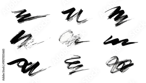 A dynamic set of expressive black brush strokes and unique ink smears, showcasing varied hand-drawn textures ideal for creative graphic design and artistic backgrounds
