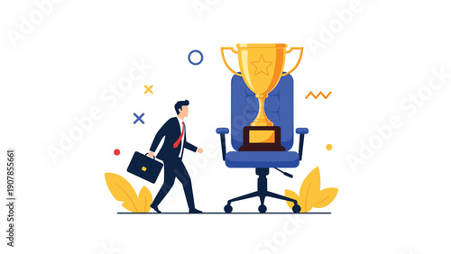 Determined professional carrying a briefcase and walking towards a giant golden trophy placed on a blue office chair.