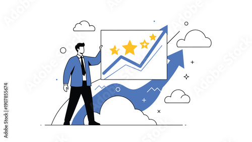 Corporate leader holding a board with a rising growth chart and four stars symbolizing high performance and excellence.
