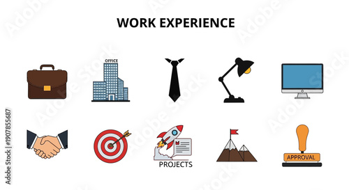 Icons illustrating concepts related to work experience arranged in two rows
