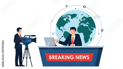 Professional news anchor presenting breaking news from a studio desk with a globe background while a cameraman films the live broadcast.