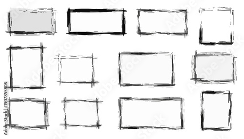 Collection of Hand-Drawn Rectangular Borders with a Textured, Rustic Appearance on a White Background