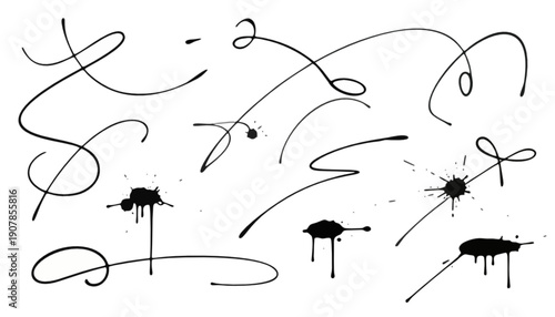 Dynamic collection of artistic hand-drawn elements including elegant swooshes, playful squiggles, expressive lines, and vibrant ink splatters for creative designs and unique visual accents