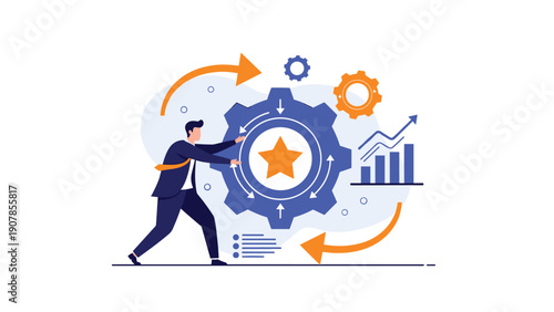 Businessman actively turning a large blue gear featuring a gold star surrounded by process arrows and growth charts for business excellence.