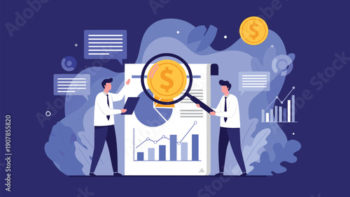 Two professional men analyzing a financial report with a large magnifying glass focusing on a gold coin for auditing or budget reviews.