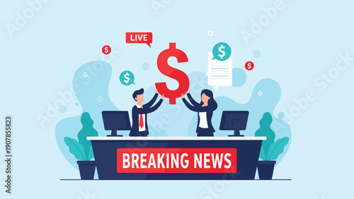 Man and woman sitting at a desk together holding a large red dollar sign symbol for live breaking news about financial market updates.