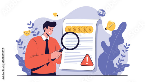 Professional man examining a financial document with a large magnifying glass and a red warning icon to identify errors or risks in audits.