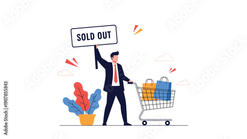 Businessman pushing an empty shopping cart while holding a large sold out sign to indicate stock depletion in retail or e-commerce.