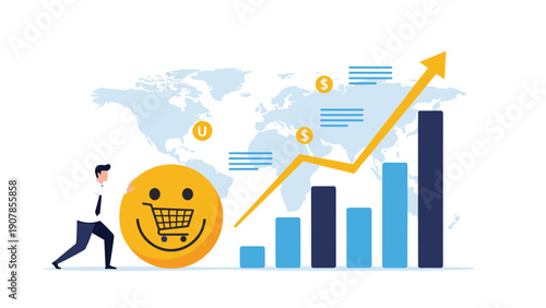 Businessman pushing a large yellow smiley face featuring a shopping cart icon towards a rising bar chart for customer satisfaction growth.