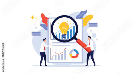 Two businessmen analyzing a business report with a large magnifying glass focusing on a glowing light bulb for innovative strategy ideas.