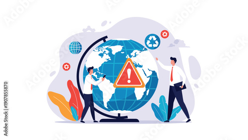 Two professional men standing next to a large globe with a central warning sign indicating global environmental or security alerts.