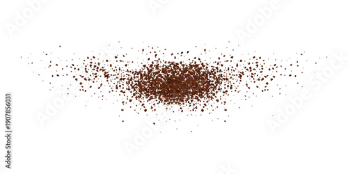 Scattering of coffee or chocolate pieces. Ground coffee or cocoa beans. Realistic 3d vector illustration isolated on white background.