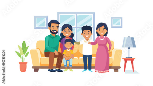 Happy cartoon multi-generational Indian family posing together smiling warmly while gathered on a yellow sofa inside their home environment