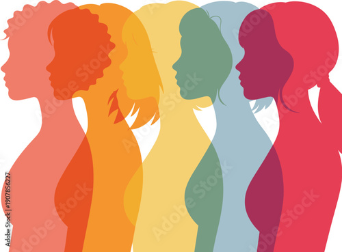 Colorful female profile silhouettes, diverse women faces, body positivity concept, inclusivity diversity, abstract layered shapes, modern flat vector illustration