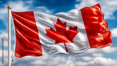 A waving Canadian flag with a red maple leaf on a white background against a blue sky with clouds. Symbol of Canada and national pride.