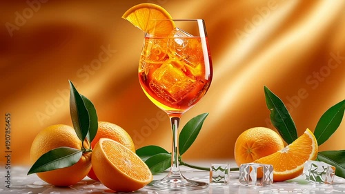 Aperol Spritz cocktail in a glass with ice cubes. Fresh oranges and green leaves surround the glass. The background features a warm orange gradient.