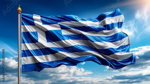 A waving Greek flag with blue and white stripes against a bright sky. The flag features a cross in the upper left corner, symbolizing Greece's heritage.