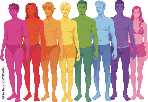 Colorful human body spectrum illustration, diverse male and female anatomy figures, rainbow skin tones, inclusivity concept, flat vector illustration