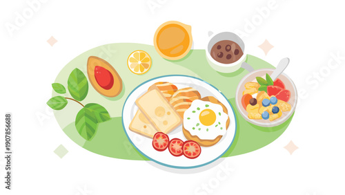 Delightful and colorful illustration depicting a balanced, healthy breakfast spread featuring eggs toast avocado and fresh fruit cereal for morning nutrition