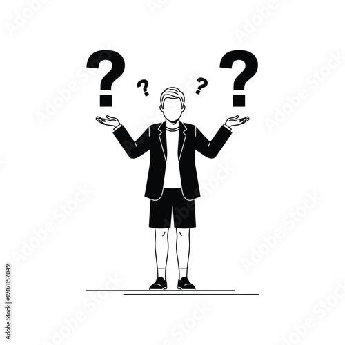 Confused young man with question marks, uncertainty concept, vector illustration for website, presentation or marketing material, isolated on transparent background, png