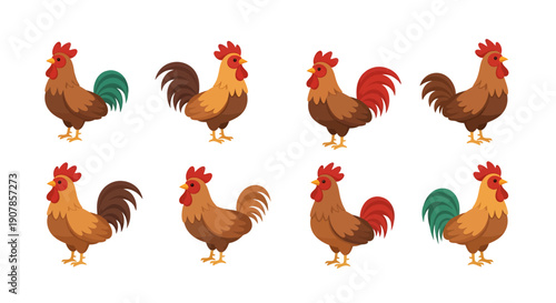 Set of Rooster Icons in Flat Vector Style, Chicken Farm Animals Collection, Poultry Livestock Illustrations Isolated on White Background