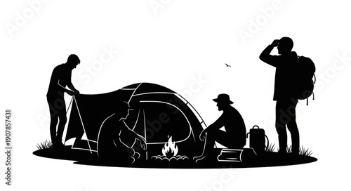 Three friends camping in nature setting up tent and campfire.