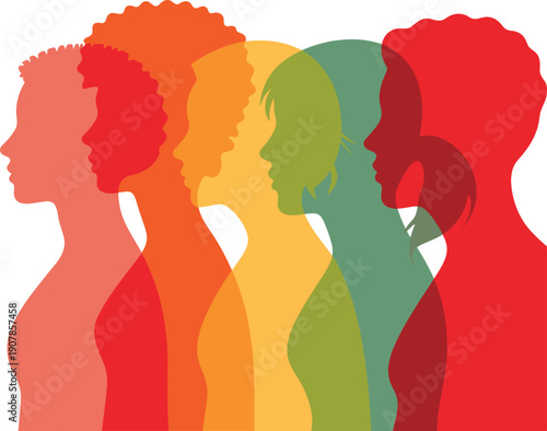 Colorful women profile silhouettes, diverse female faces, body positivity diversity concept, inclusion equality, abstract layered figures, flat vector illustration, design