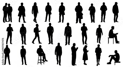 Diverse Group of People Silhouettes Standing and Sitting in Various Poses.