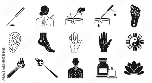 Acupuncture and Reflexology Alternative Medicine Solid Icons Set