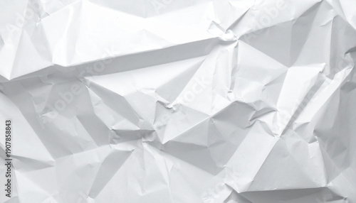 High-quality texture of a heavily crumpled white sheet of paper with distinct folds, shadows and organic relief, suitable for backgrounds and design projects.