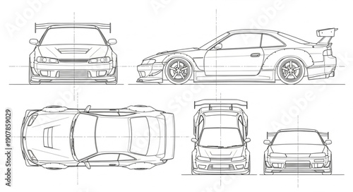 Detailed Blueprint Drawing of a Sports Car Design.