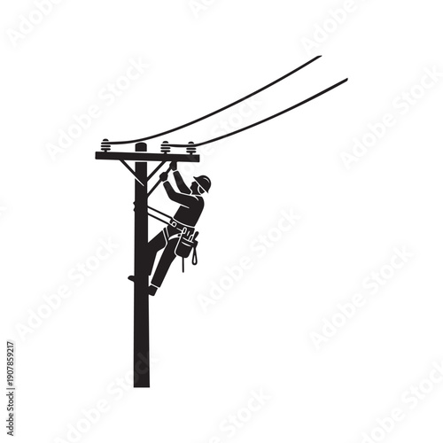 Electrician Lineman Climbing Utility Power Pole Silhouette Vector Illustration
