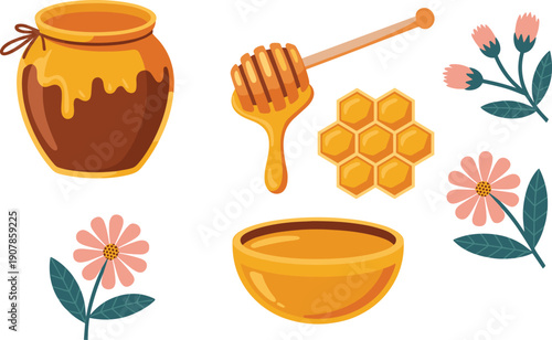 Sweet honey jar, dripping dipper honeycomb flowers, organic natural food illustration, isolated on white background, healthy vector design