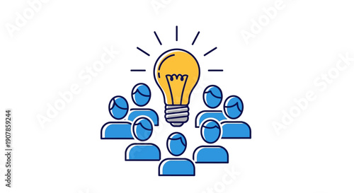A conceptual illustration of a bright light bulb above a group of people, symbolizing leadership, teamwork, shared ideas, and collective innovation. The clean and colorful design represents collaborat