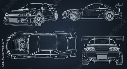 Detailed Blueprint Drawings of a Sports Car.