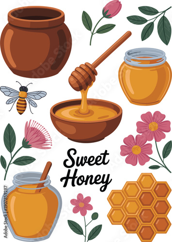 Sweet honey collection, jar dipper bowl bee flowers honeycomb, natural organic food illustration, isolated on white background, vector