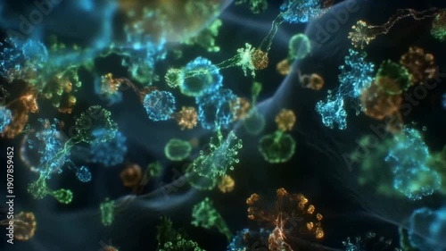 Diverse colonies of glowing beneficial bacteria thriving and interacting in a fluid intestinal environment concept of gut microbiome and digestive health