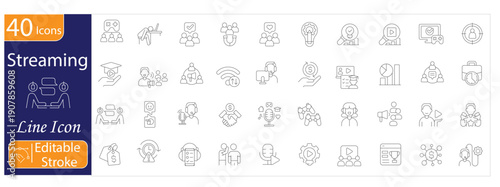 Streaming Icons Set, Live Broadcast, Video Player, Media Content, Online Channel, Play Button, Digital Entertainment, Editable Stroke Vector Illustration.