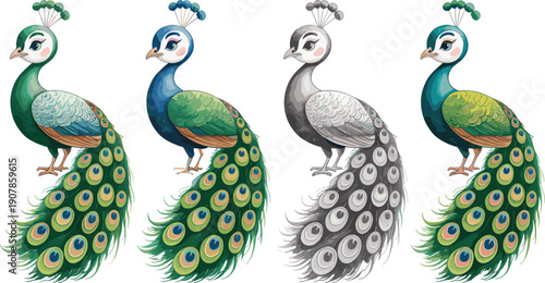 Beautiful peacock illustration collection, colorful and monochrome royal birds with ornate feathers isolated on white background artwork