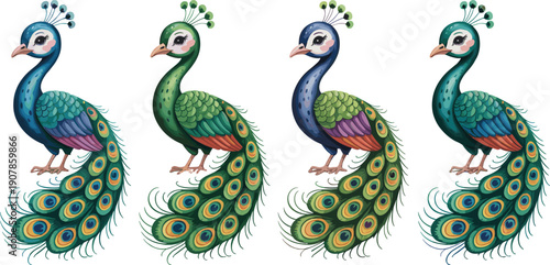 Elegant peacock illustration set, colorful royal birds with decorative feathers, detailed animal characters isolated on white background