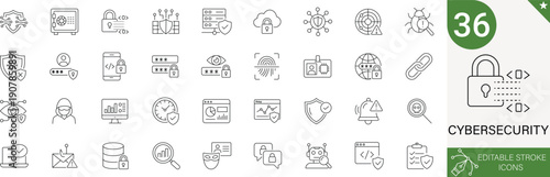 Cybersecurity Icons Set. Includes Firewall, Encryption, Hacker Protection, Privacy, Shield, and Lock Symbols. 36 Professional Line Icons with Editable Stroke. Ideal for Technology and Safety.
