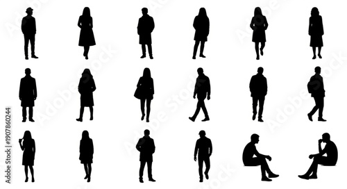 Diverse group of people silhouettes standing walking and sitting in various poses.