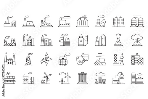 Factory and power plant outline symbols collection for infrastructure projects