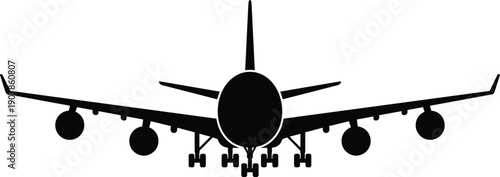 Rear view silhouette vector illustration of a massive four engine wide body passenger airplane with landing gear down for aviation design.