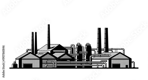 Industrial factory building with multiple smokestacks and complex piping system.